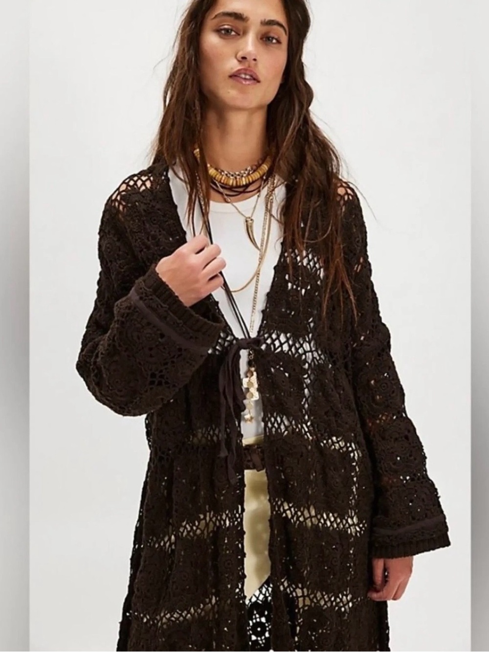 Free People Bali June open crocheted cardigan - espresso  - m/l - NWOT